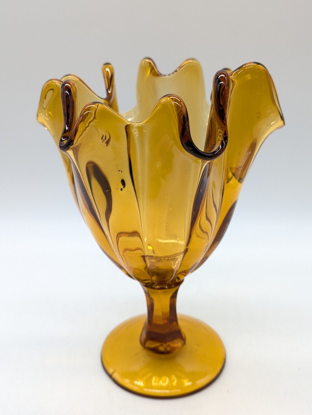 Vintage Amber MCM Mid Century Modern Ruffle Rim Pedestal Glass Vase Container